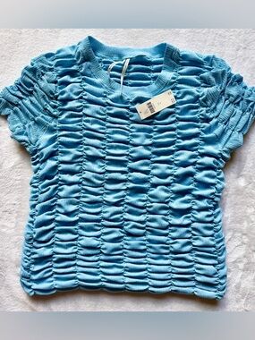 Anthropologie Light Blue Ruched Short-Sleeve Knit Top NWT